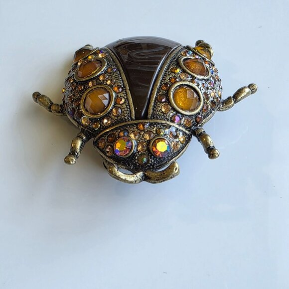 Ladybug Beetle Bug Brooch Brown Amber Aurora Rhinestone Vtg Insp Statement - Picture 2 of 5